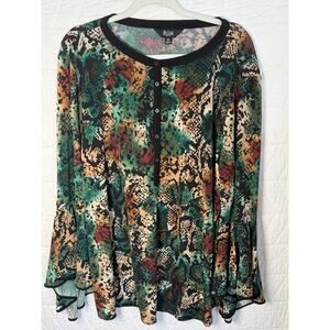 Slim Factor Womens Top bell sleeve size 2X black patterned blouse